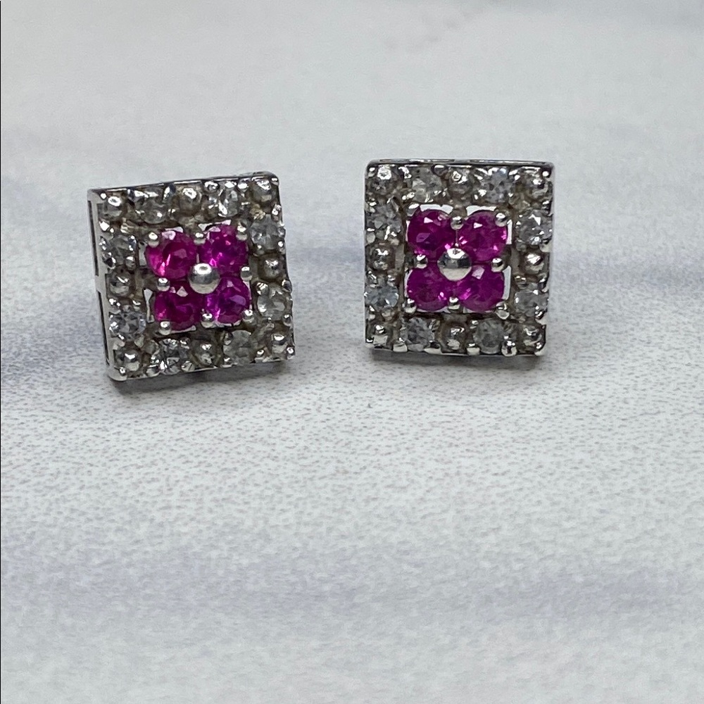 Designer‎ Sterling Silver Ruby CZ Pave Halo Square Post Stud Earrings